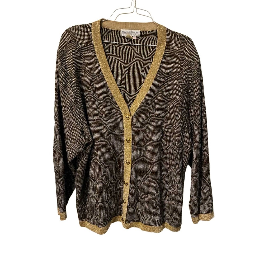 Drapers & Damons Womens 3X Cardigan Sweater Gold‎ Metallic Geometric Vintage